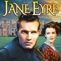 Cover of the 1949 Jane Eyre made for TV movie. Charlton Heston (white man with brown hair) is Rochester in the center under the text Jane Eyre next to him in the background is Mary Sinclair as Jane with cury hair. Behind them both is Thornfield Hall