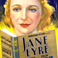 1934 Jane Eyre. Panting of Jane, a white woman with blond hair reading a book with 