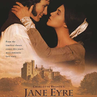1996 Jane Eyre movie cover. Jane (dark haired white woman, Charlotte Gainsbourg). Her arm is around Mr. Rochester (a white man with mutton chops, William Hurt)